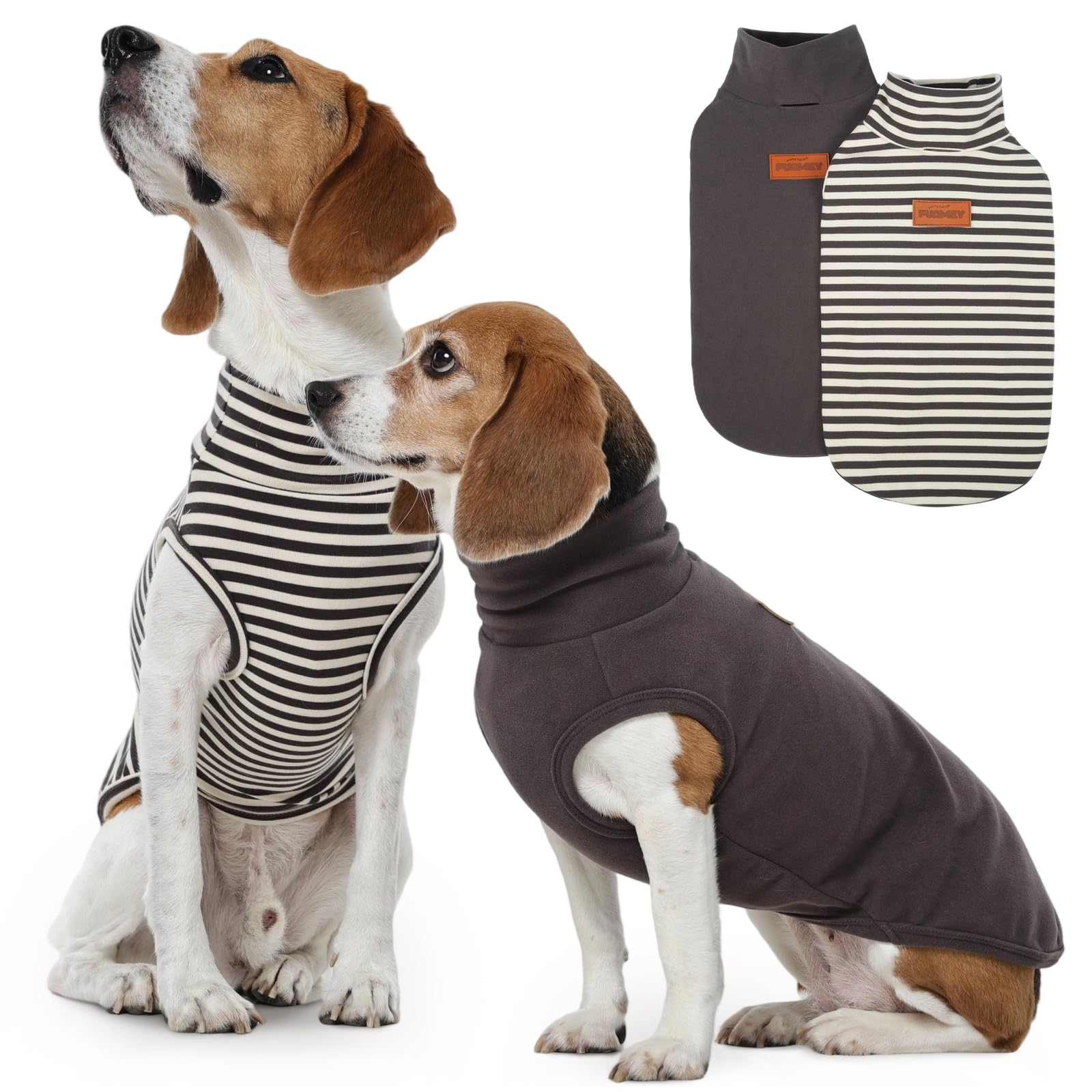 FUAMEY 2-pack dog fleece vest packaging shows cozy warmth for chilly walks