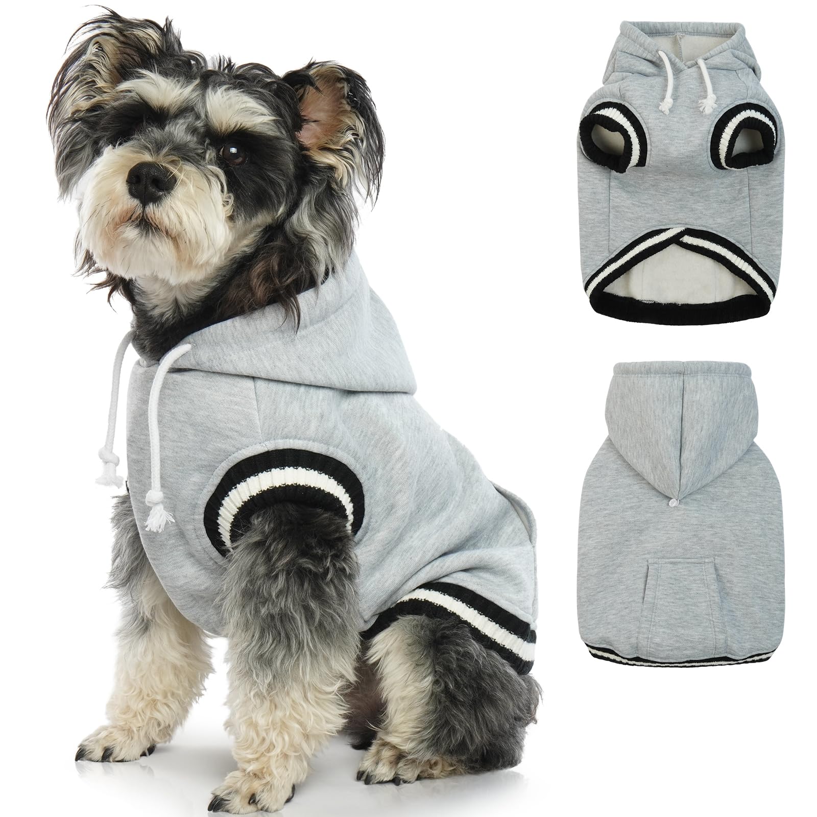 FUAMEY dog hoodie front view in gray showing cozy fleece warmth for chilly walks