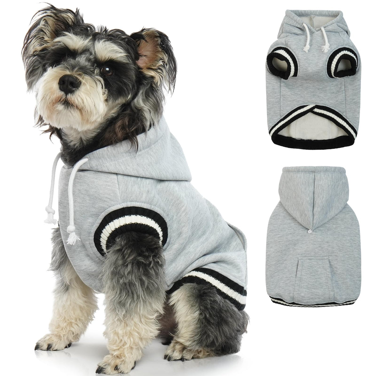 FUAMEY dog hoodie front view in gray showing cozy fleece warmth for chilly walks