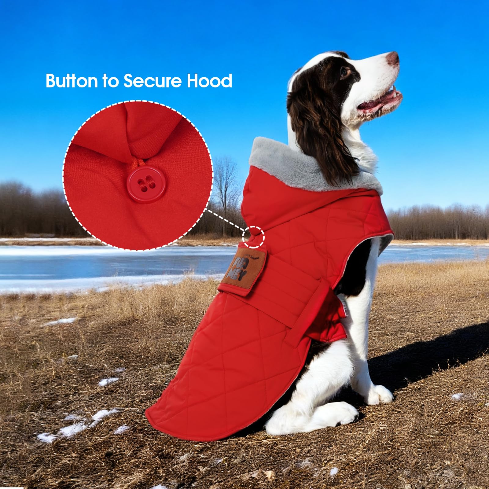 FUAMEY model wearing 2XL demonstrates secure fit for large dogs.