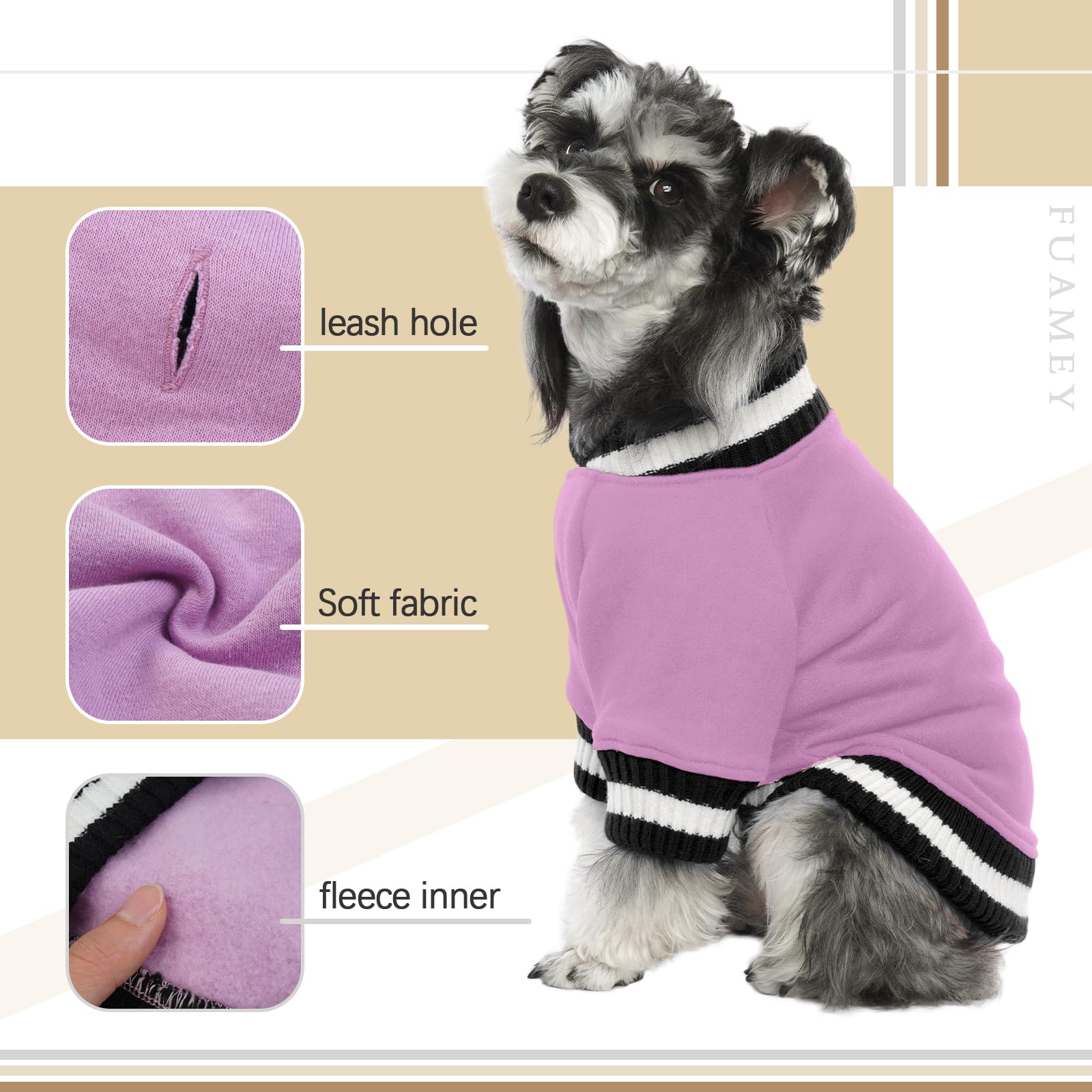 FUAMEY lavender pullover detail with size options for small to medium dogs