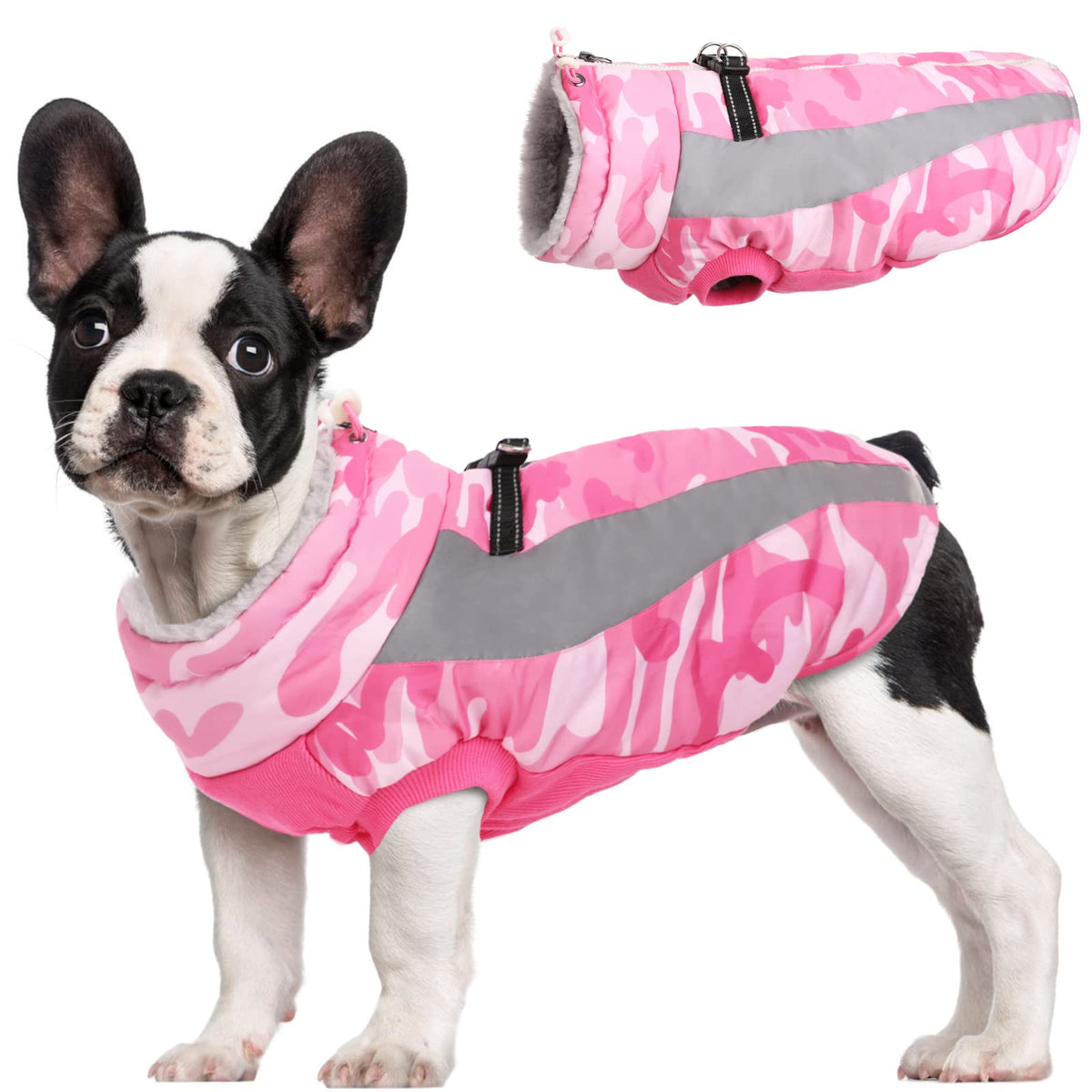 FUAMEY dog winter jacket blue front view with harness-ready design for easy leash attachment
