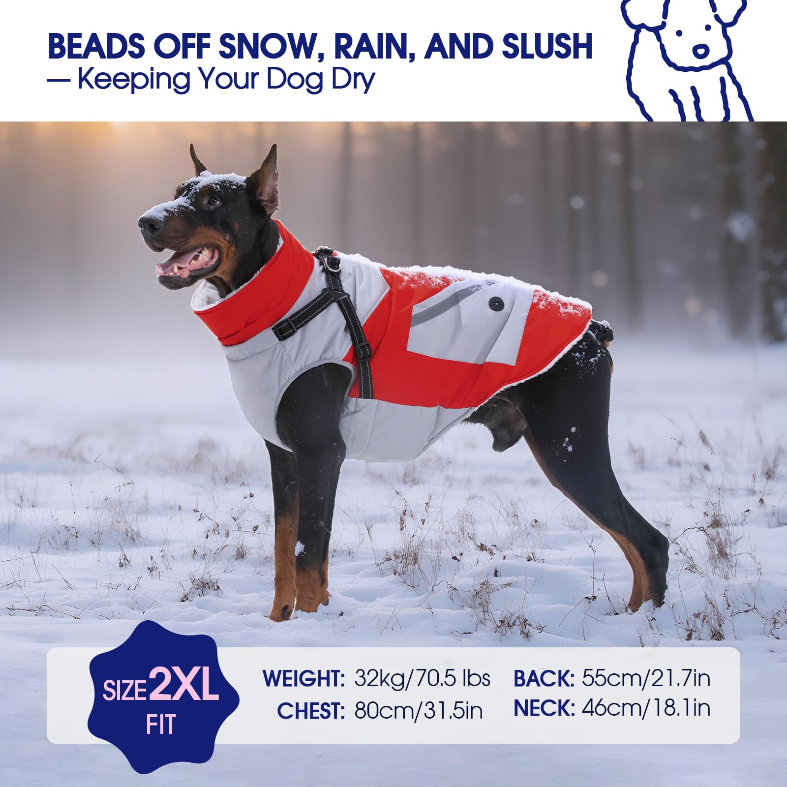 FUAMEY dog winter jacket waterproof exterior keeps rain and snow at bay.