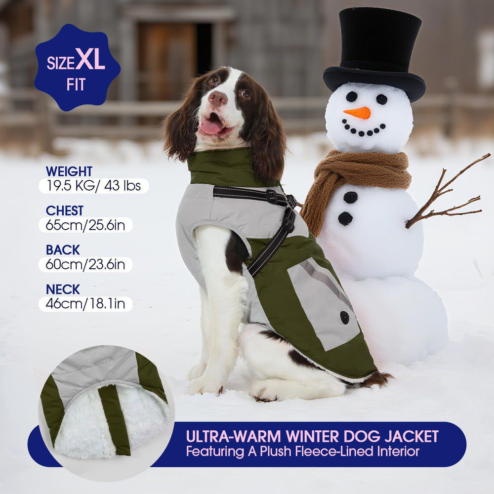 FUAMEY dog winter jacket waterproof exterior protects your pup from rain and snow.