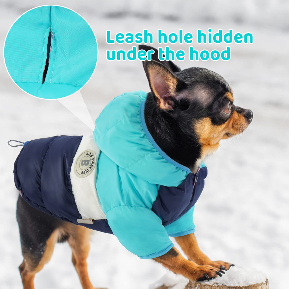 FUAMEY Puppy Puffer Jacket hood closeup demonstrates snug ear protection.