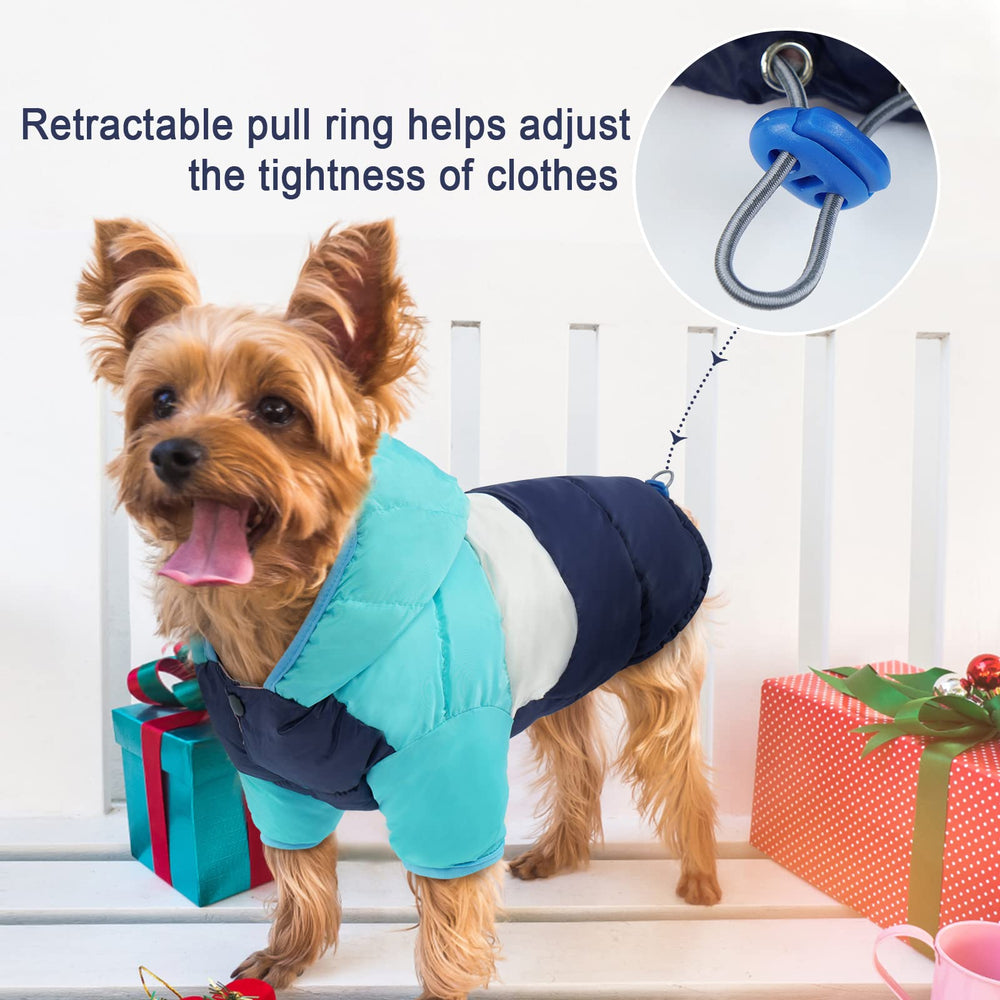 FUAMEY Puppy Puffer Jacket side view highlights hood and easy-on snaps.