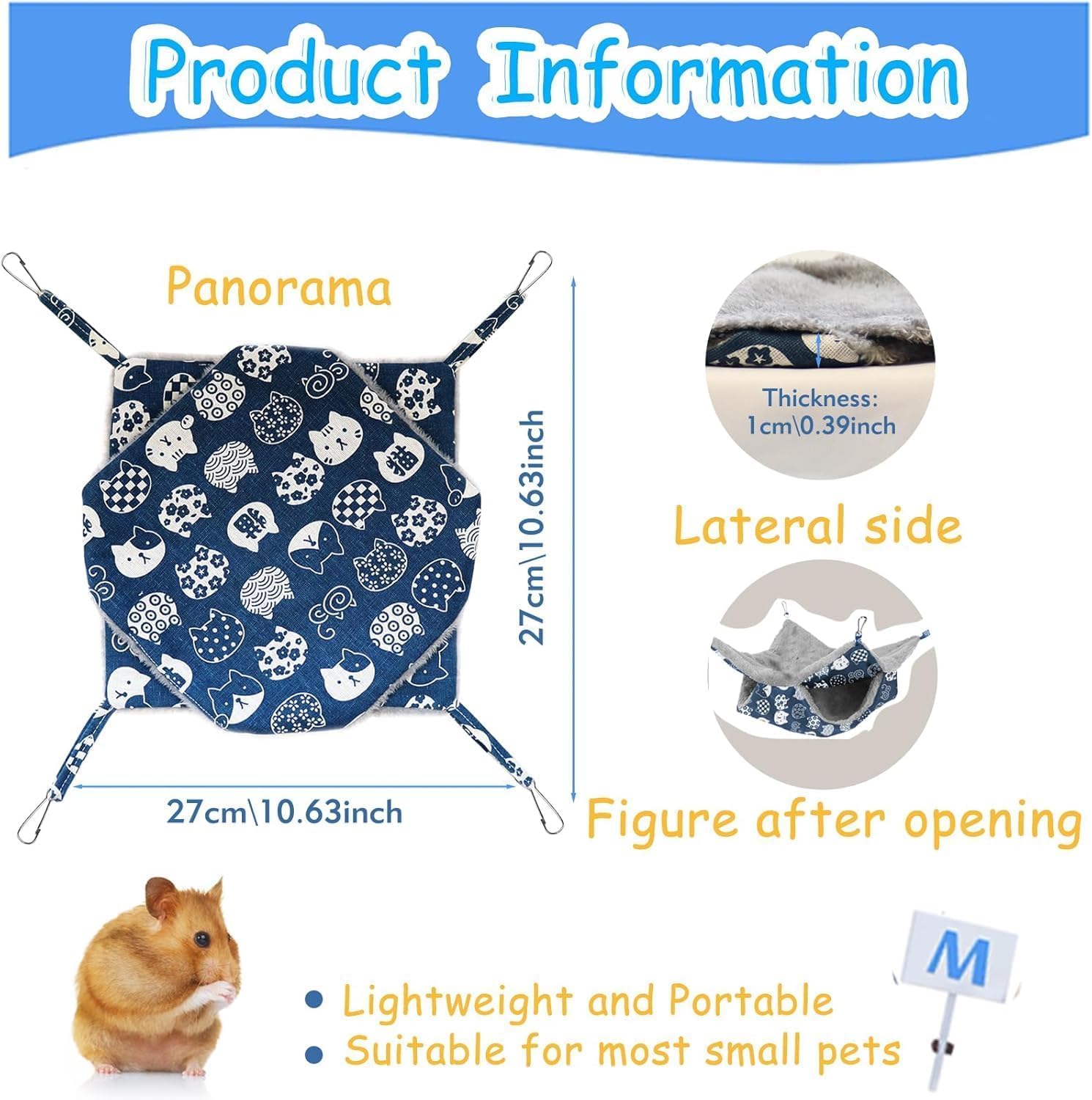 Fuazuzu 2-layer rat hammock size guide explains 27x27 cm fit for small pets