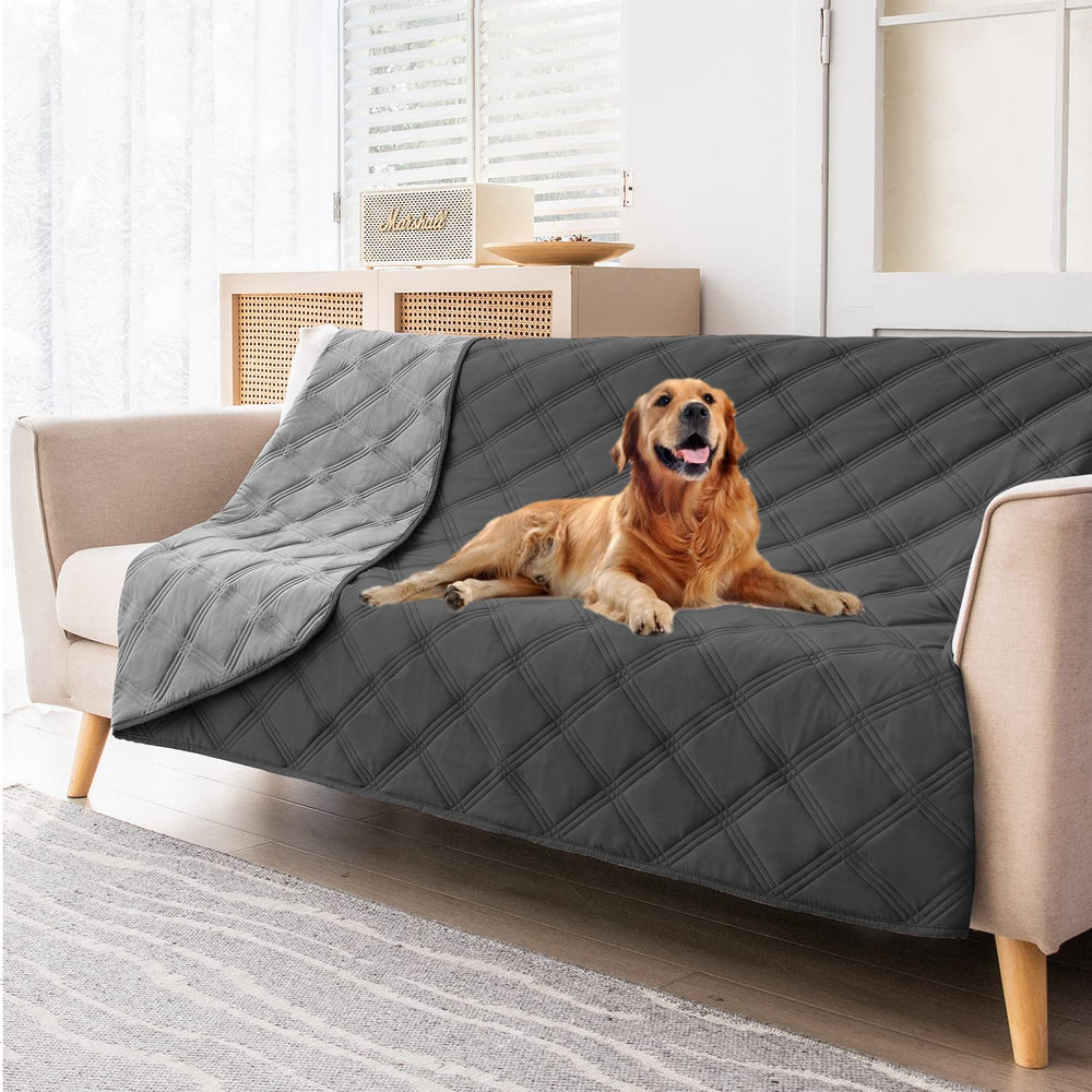 Fuguitex waterproof dog blanket on sofa front view protects furniture and pets.