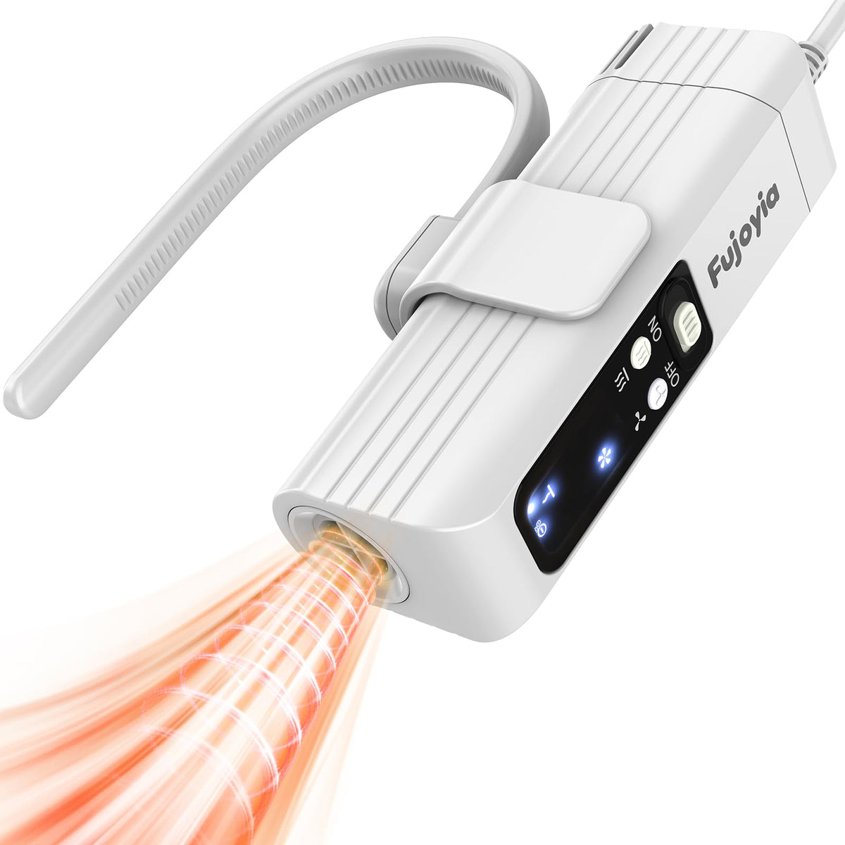 Fujoyia pet hair dryer with hanging strap for hands-free grooming and soothing brushing.