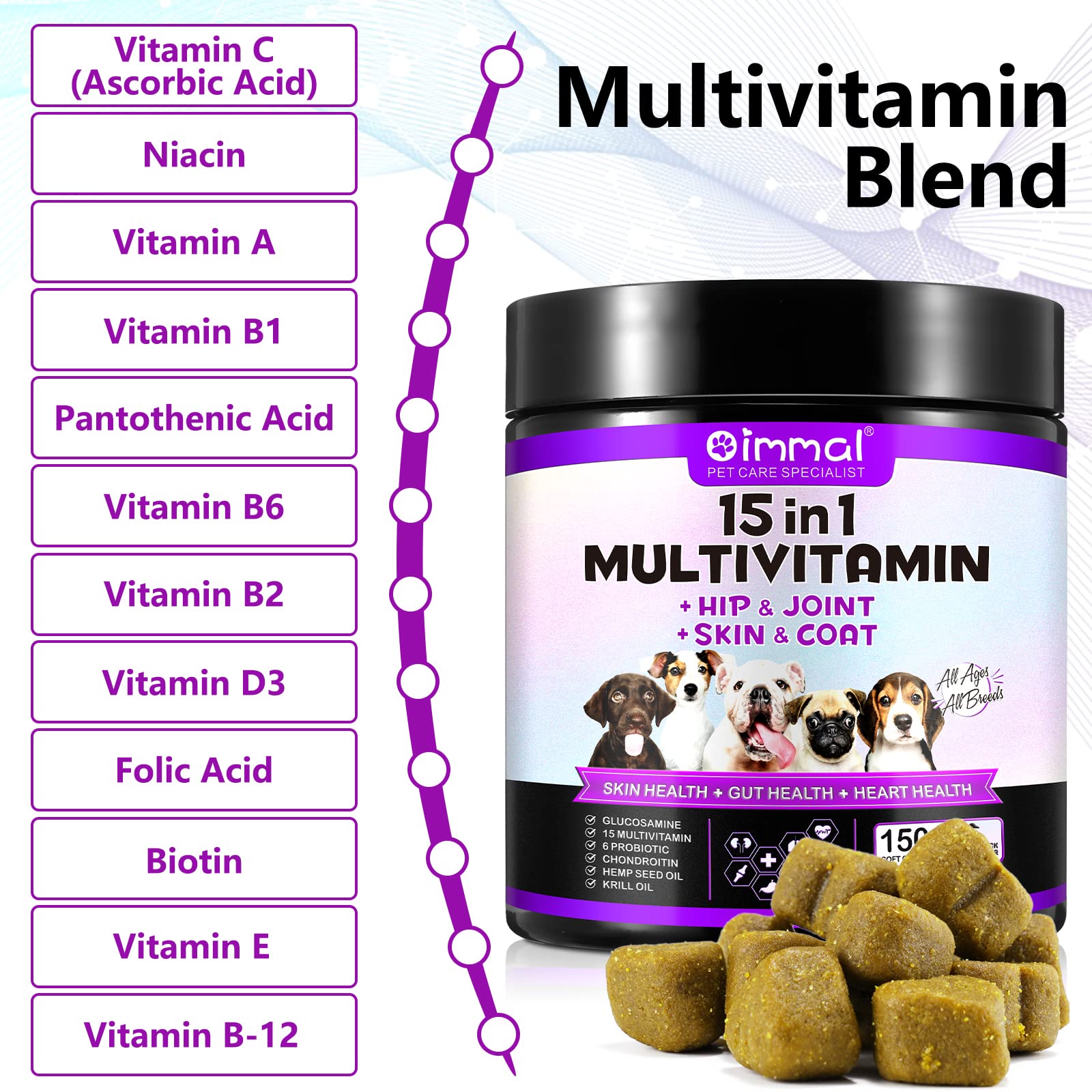 FUKEVY dog vitamins jar featuring soft chews for digestion and immune support.