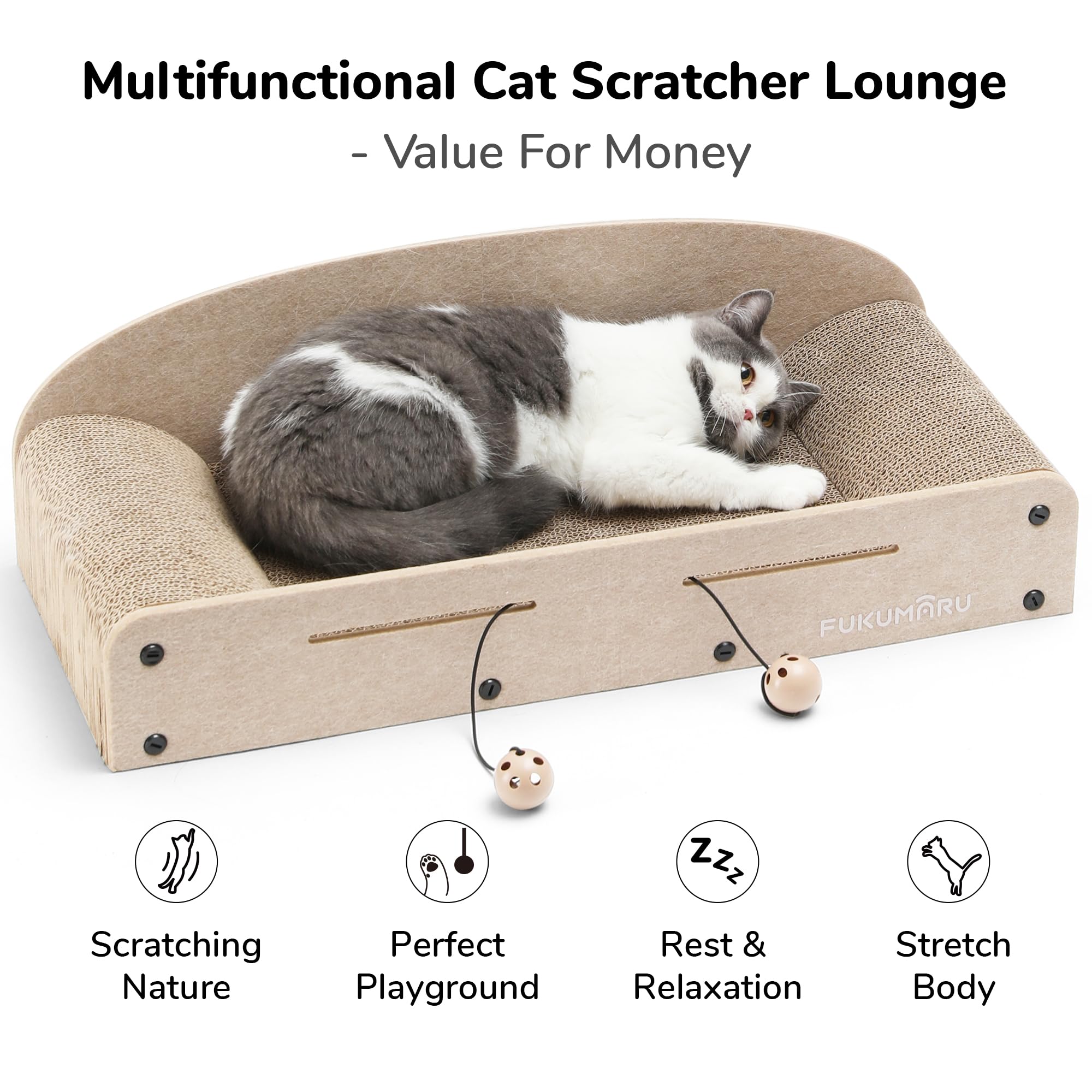 FUKUMARU 26inch cat scratcher lounge bed side view highlights durable, chew-resistant cardboard