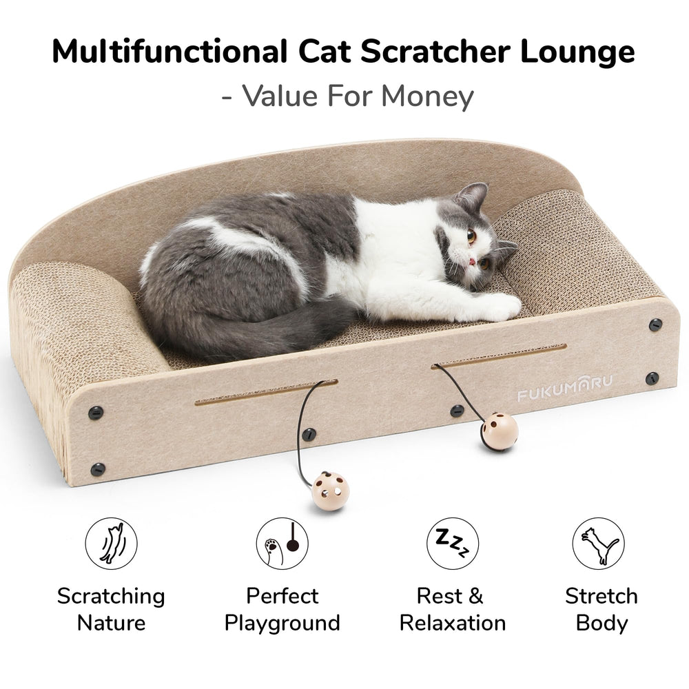 FUKUMARU 26inch cat scratcher lounge bed side view highlights durable, chew-resistant cardboard