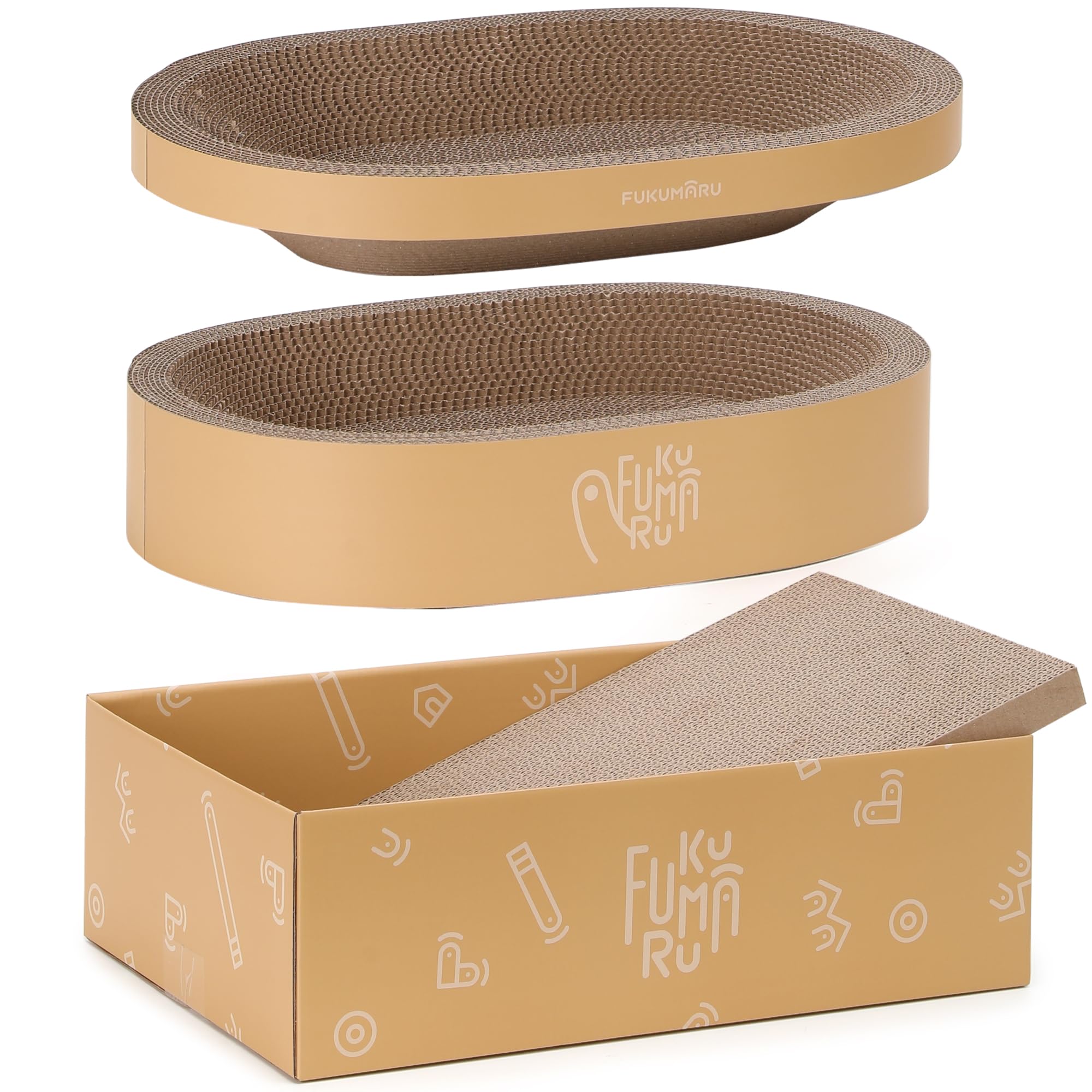 FUKUMARU 3-piece cardboard cat scratcher bed set for versatile entertainment and rest.