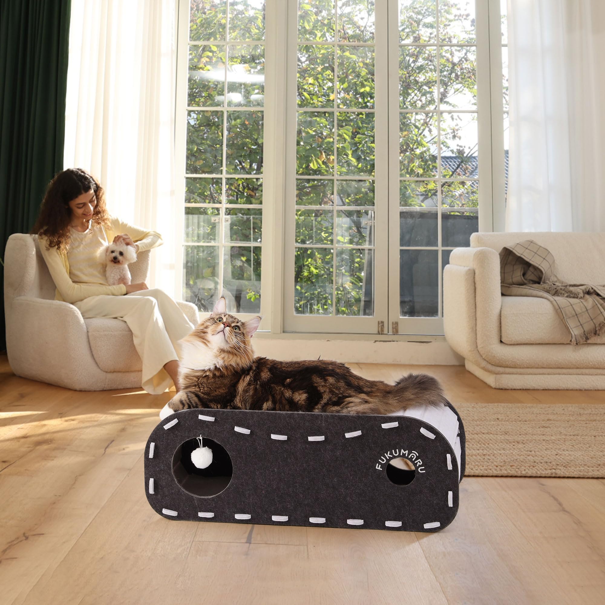 FUKUMARU cat bed inside soft felt conveys warm, quiet hideaway for nervous cats