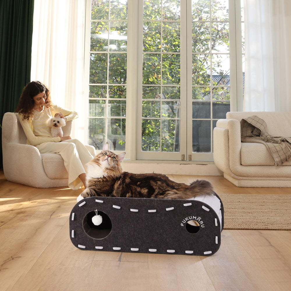 FUKUMARU cat bed inside soft felt conveys warm, quiet hideaway for nervous cats