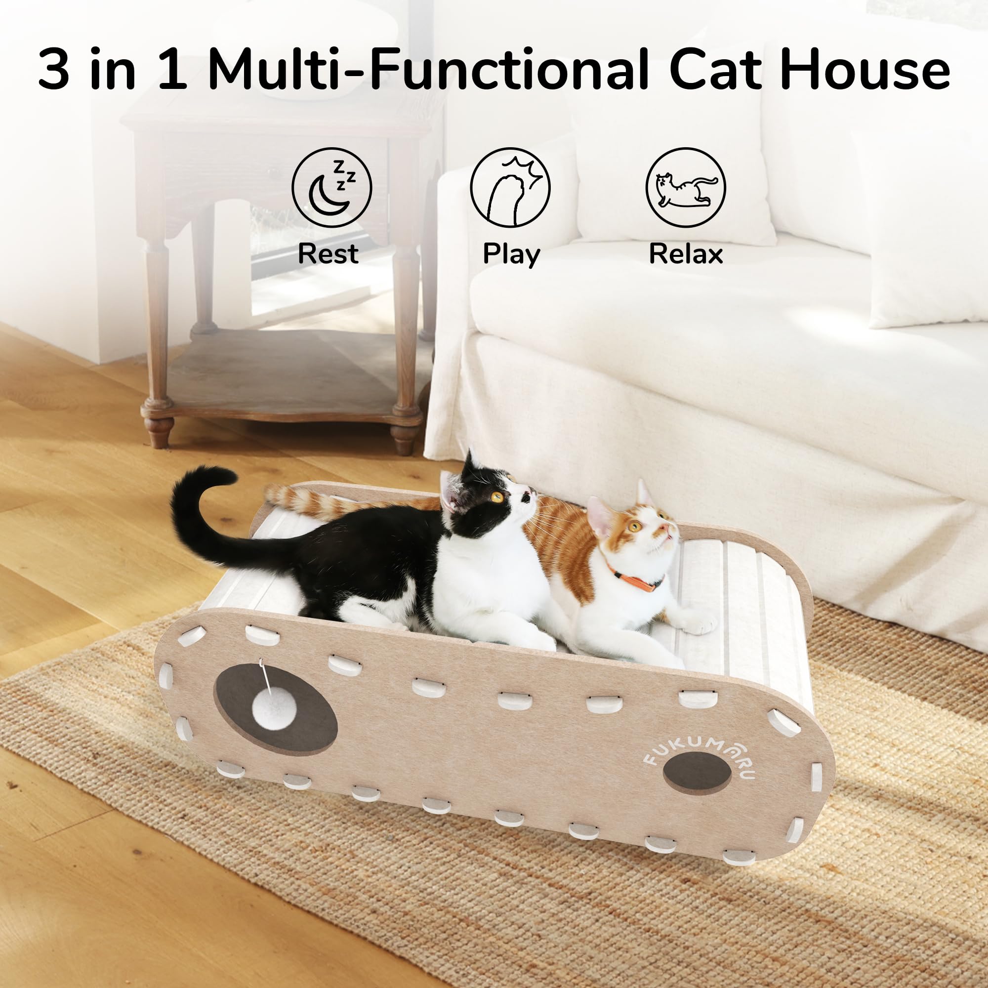 FUKUMARU cat bed lower cave with four holes for hiding and playful peeks.