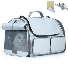 FUKUMARU cat carrier full setup shows secure travel under airplane seat.