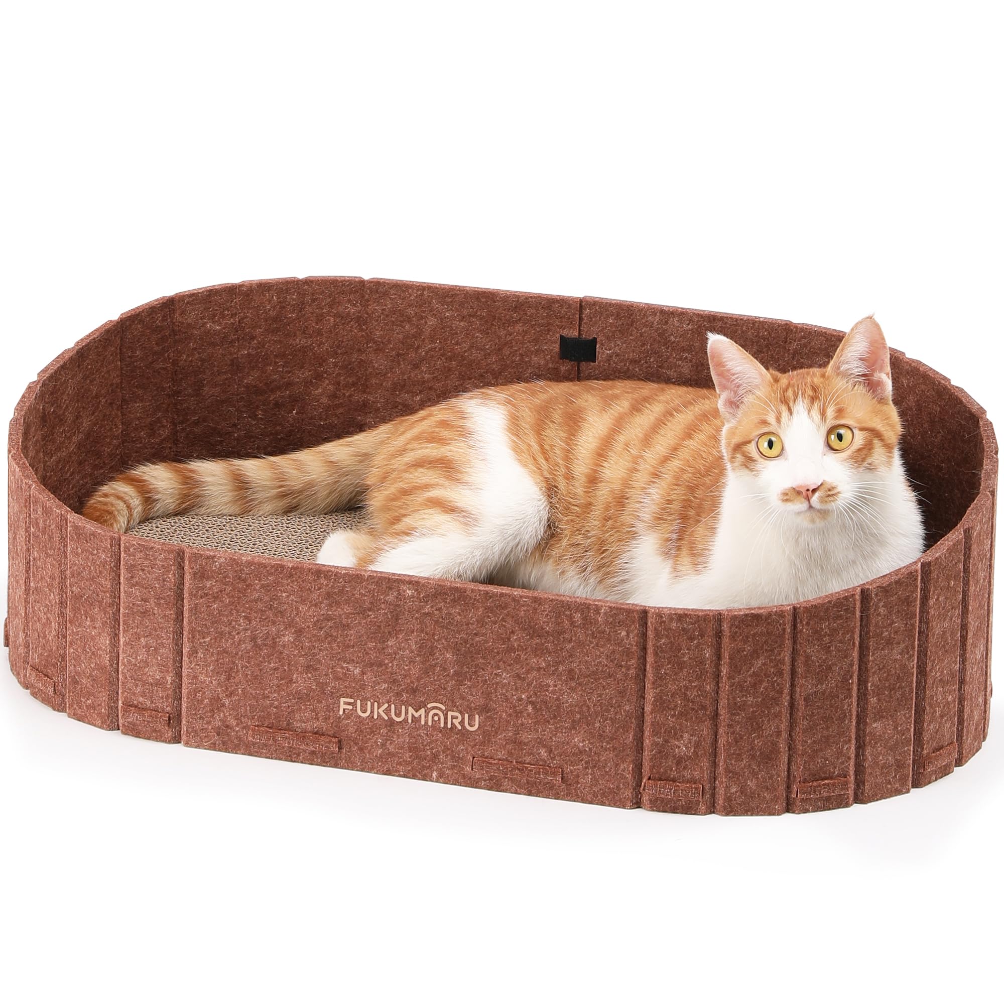 FUKUMARU 24-inch sofa-shape cat scratcher in caramel offers lounging and scratching space.