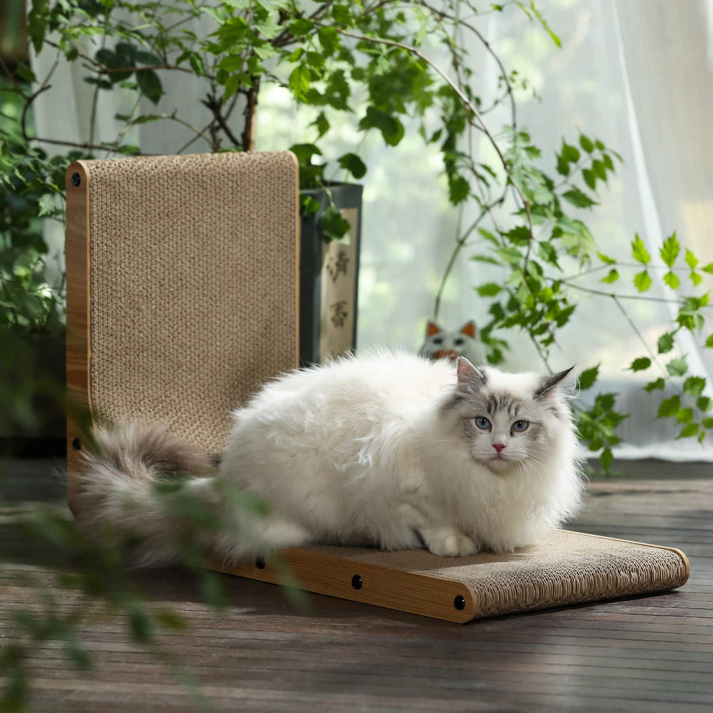 FUKUMARU cat scratcher eco-friendly cardboard supports indoor safety.