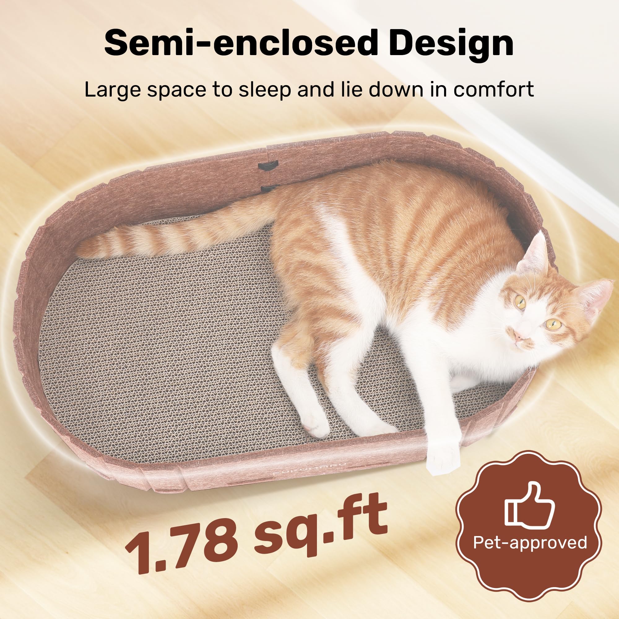 FUKUMARU felt outer layer cat scratcher provides quiet warmth and paw protection.