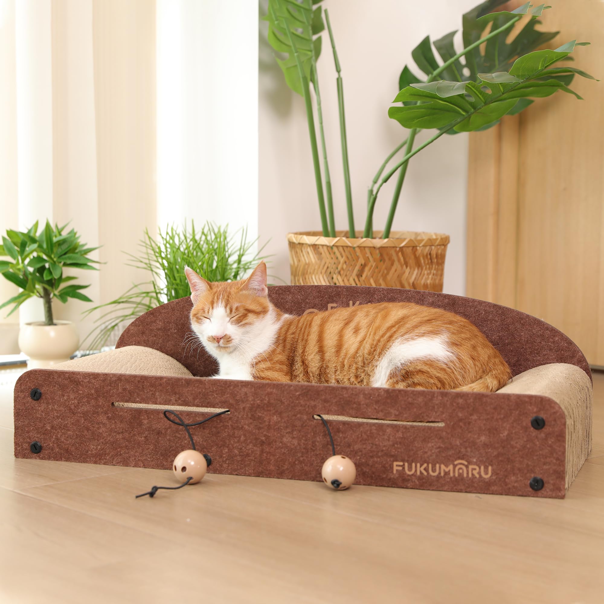 FUKUMARU 26-Inch Cat Scratcher Lounge Bed bell balls add interactive play.