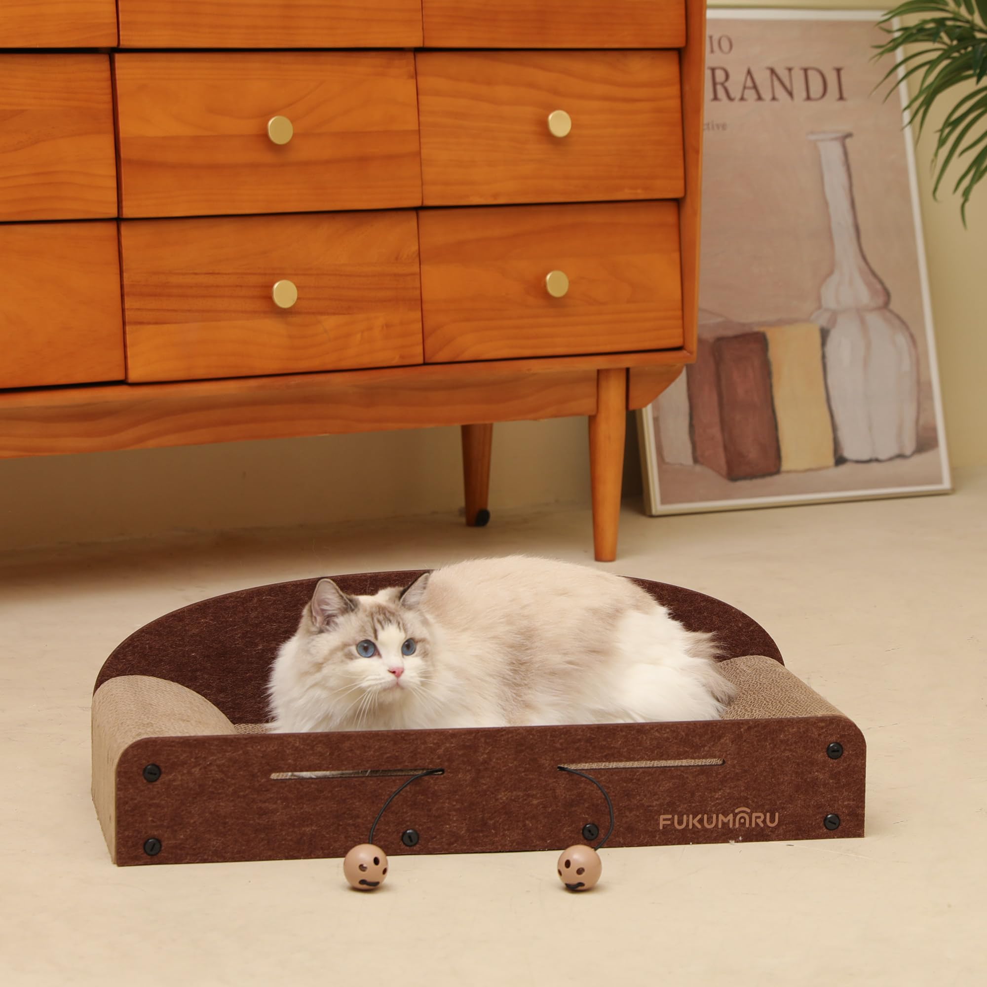 FUKUMARU 26-Inch Cat Scratcher Lounge Bed cat lounging comfortably in caramel tone.