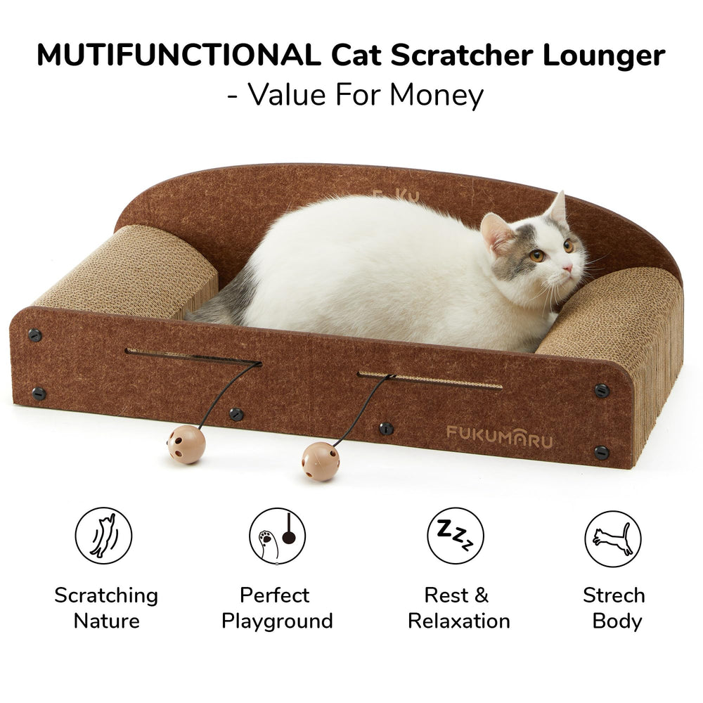 FUKUMARU 26-Inch Cat Scratcher Lounge Bed side view highlights spacious lounging area.