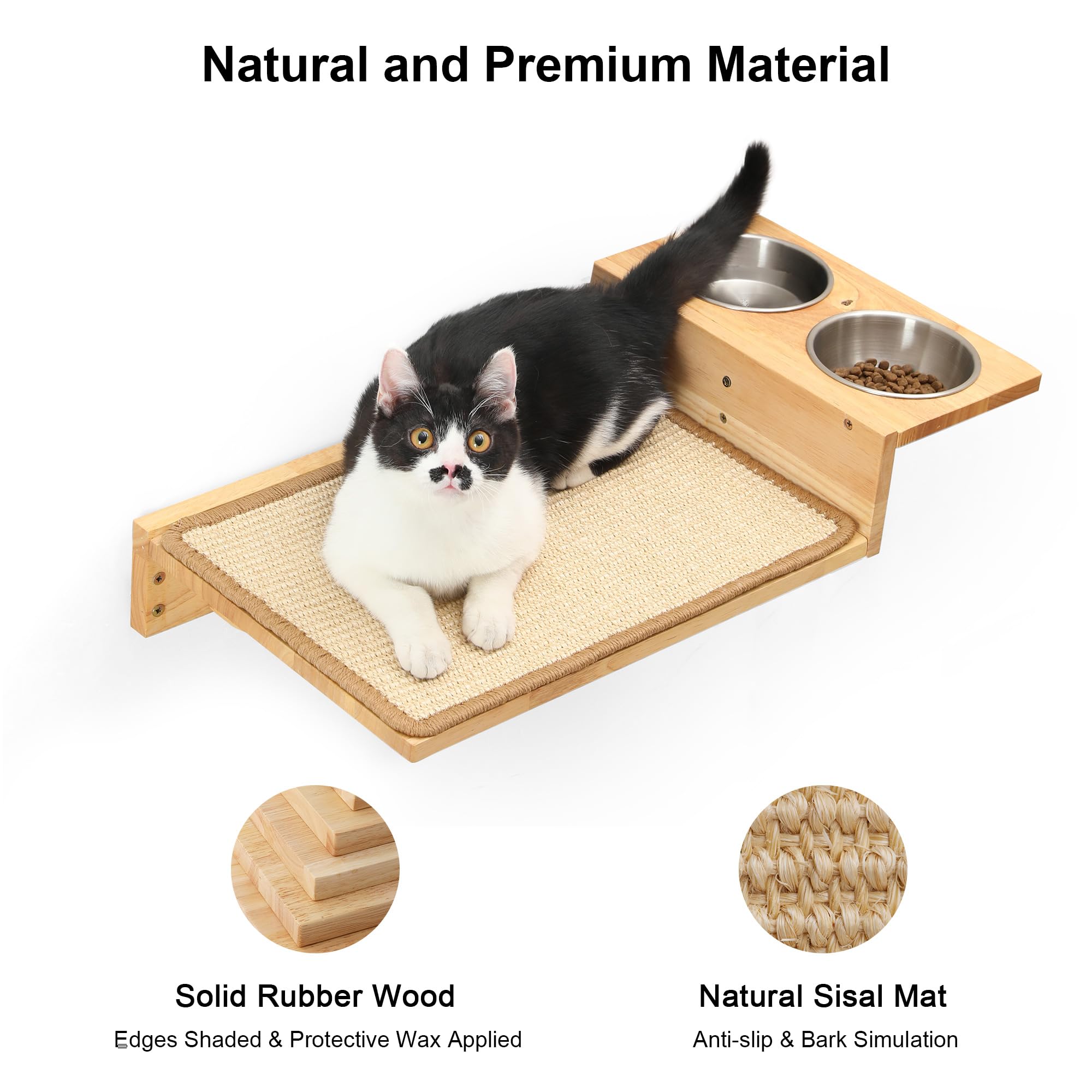 FUKUMARU cat wall perch closeup highlights sturdy rubber wood and safe climbing.