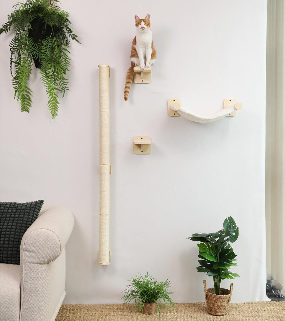 FUKUMARU Cat Wall Scratcher wall-mount setup shown in a modern living room.