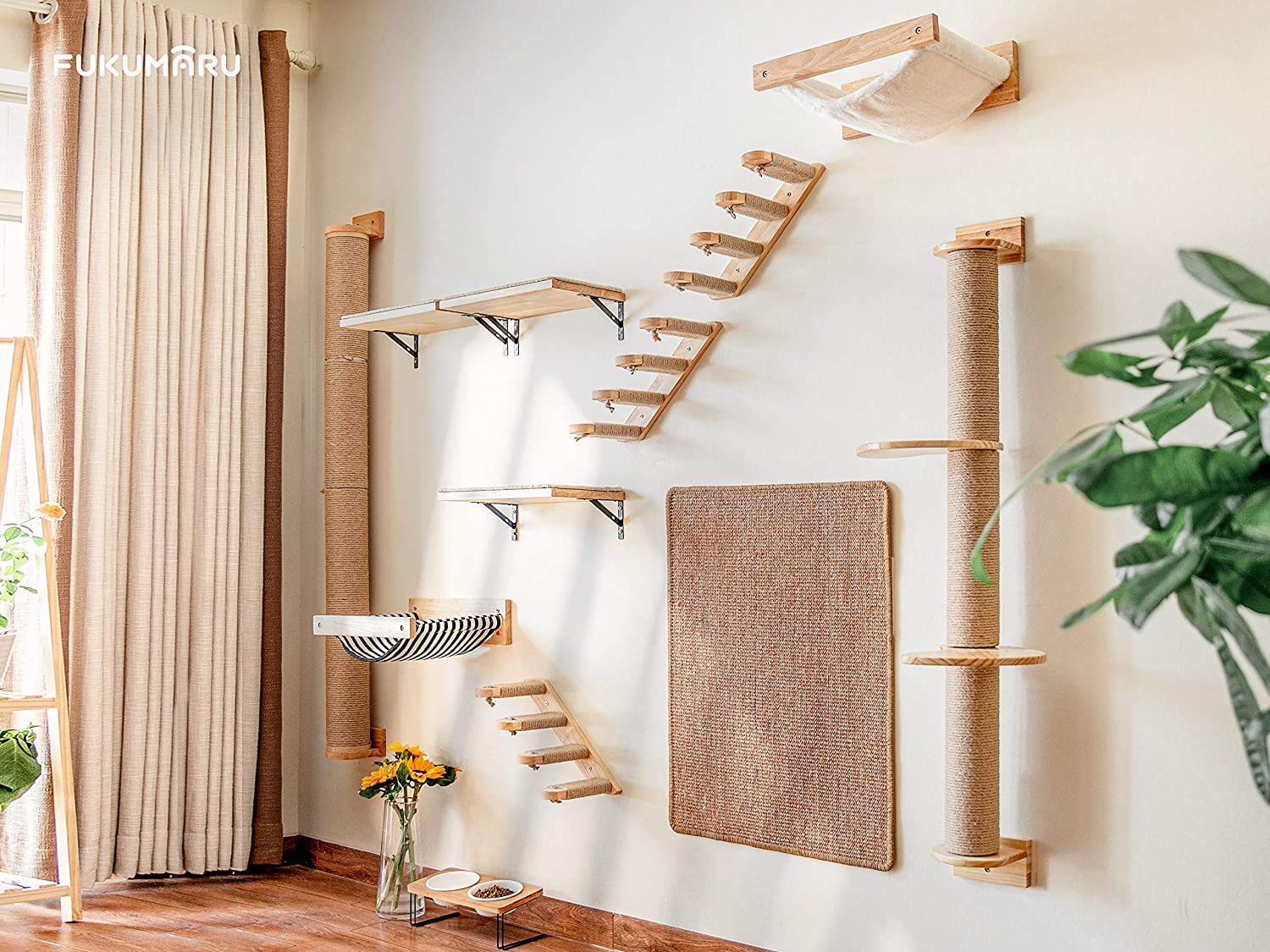 FUKUMARU cat wall shelves neutral decor integrates with any room while entertaining a curious cat.