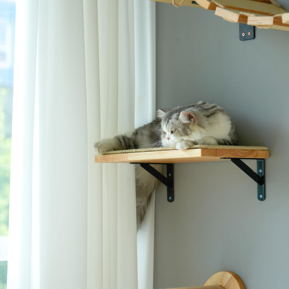 FUKUMARU cat wall shelves sisal mat detail emphasizes natural scratching texture.
