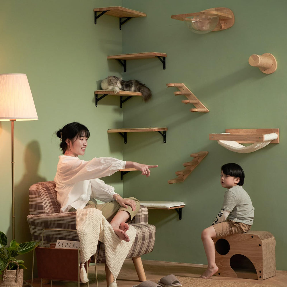 FUKUMARU cat wall shelves wall-mounted perch shows safe sturdy cat climbing option.