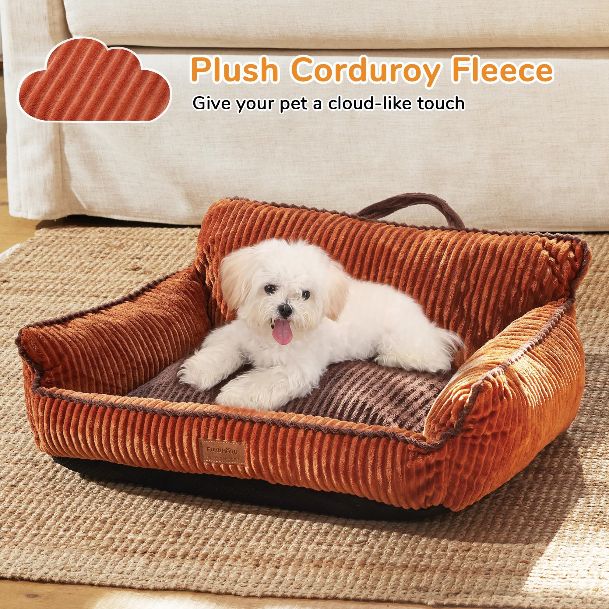 FUKUMARU dog bed with waterproof bottom stays put on floors.
