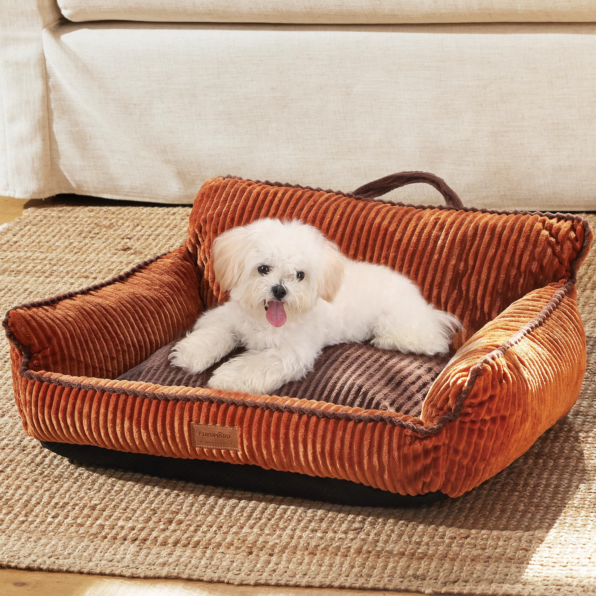 FUKUMARU dog couch bed plush corduroy surface for cozy naps.