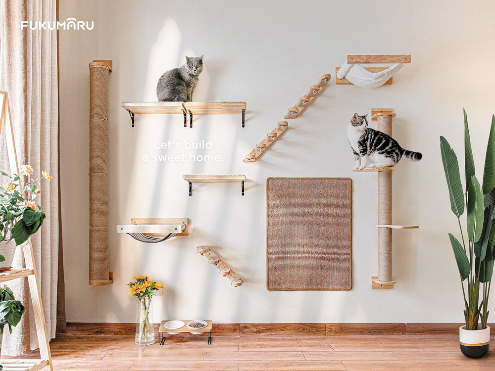 FUKUMARU natural rubber wood components on wall shelf.