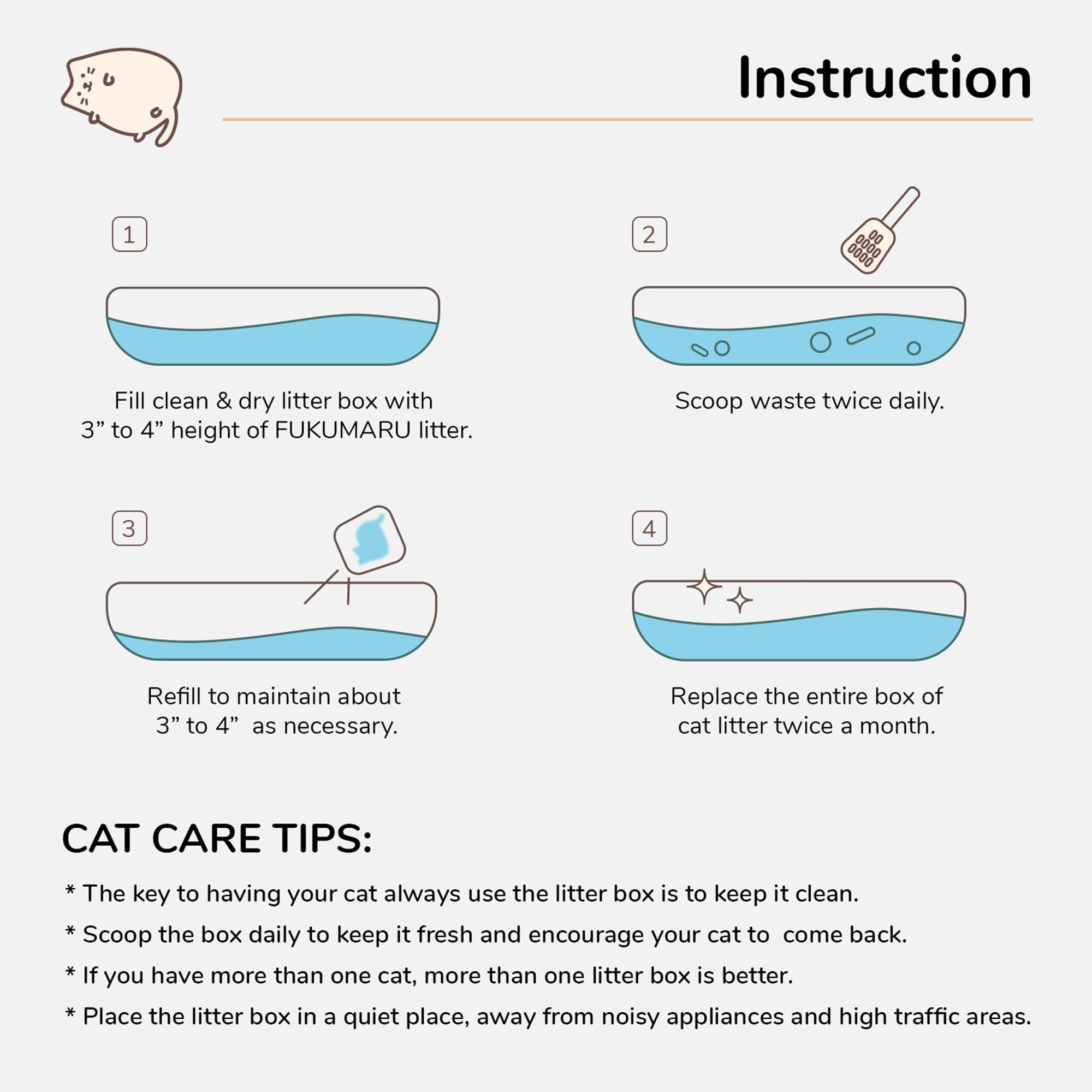 FUKUMARU tidy home scene with fresh aroma and clean litter box.