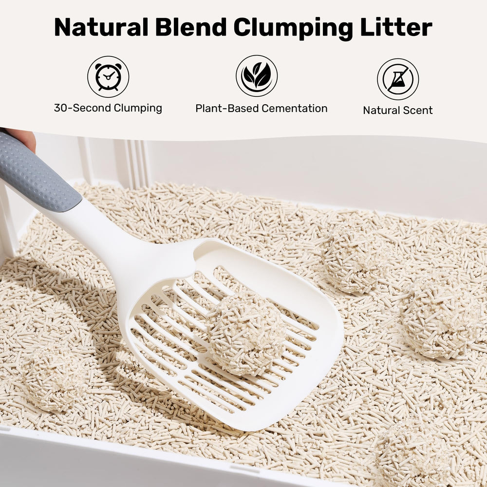 Close-up of dense clumps forming in FUKUMARU tofu cat litter for fast scooping.