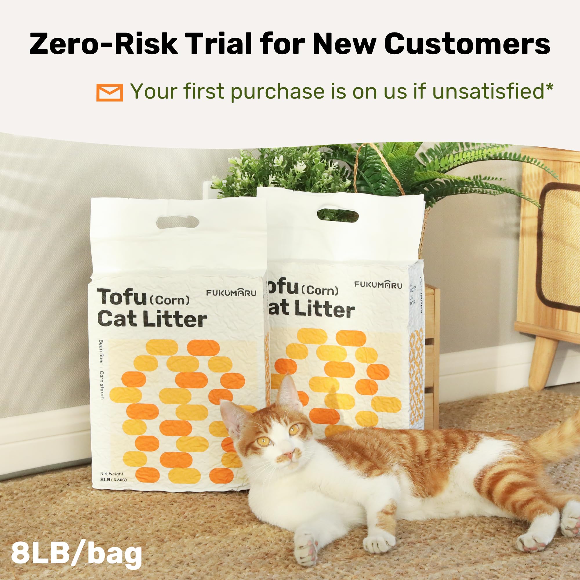Dust-free surface around litter box with FUKUMARU tofu litter.
