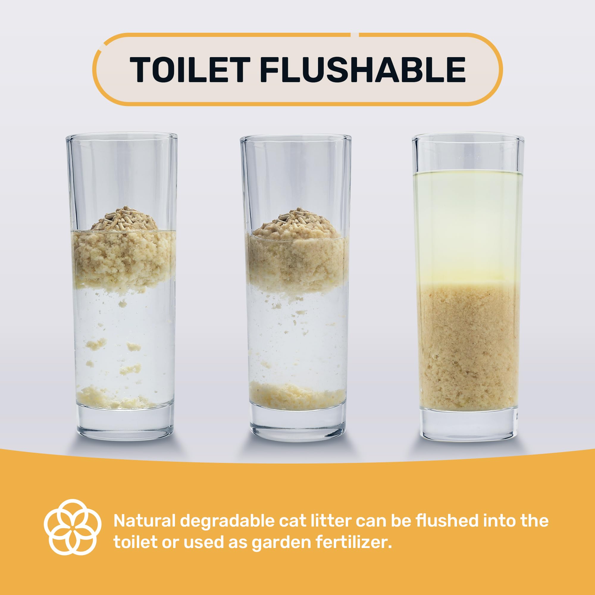 Flushable feature of FUKUMARU tofu litter shown in packaging claim.