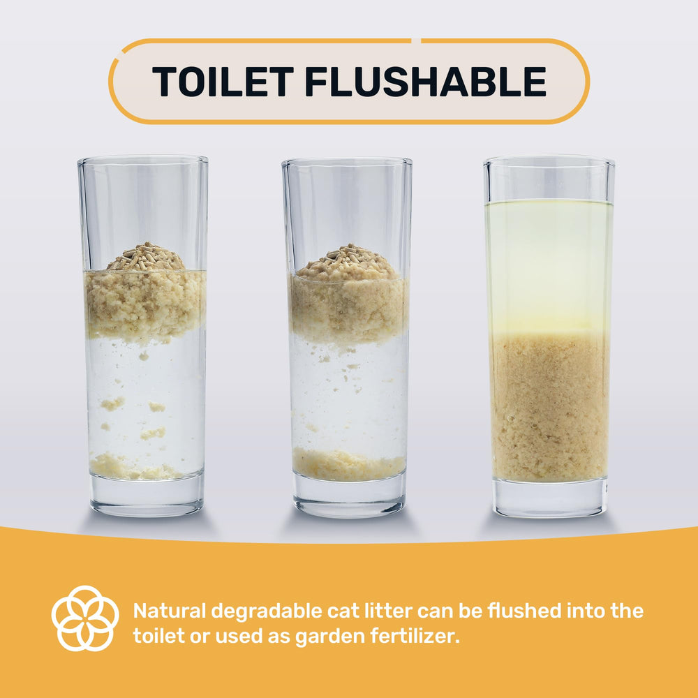 Flushable feature of FUKUMARU tofu litter shown in packaging claim.