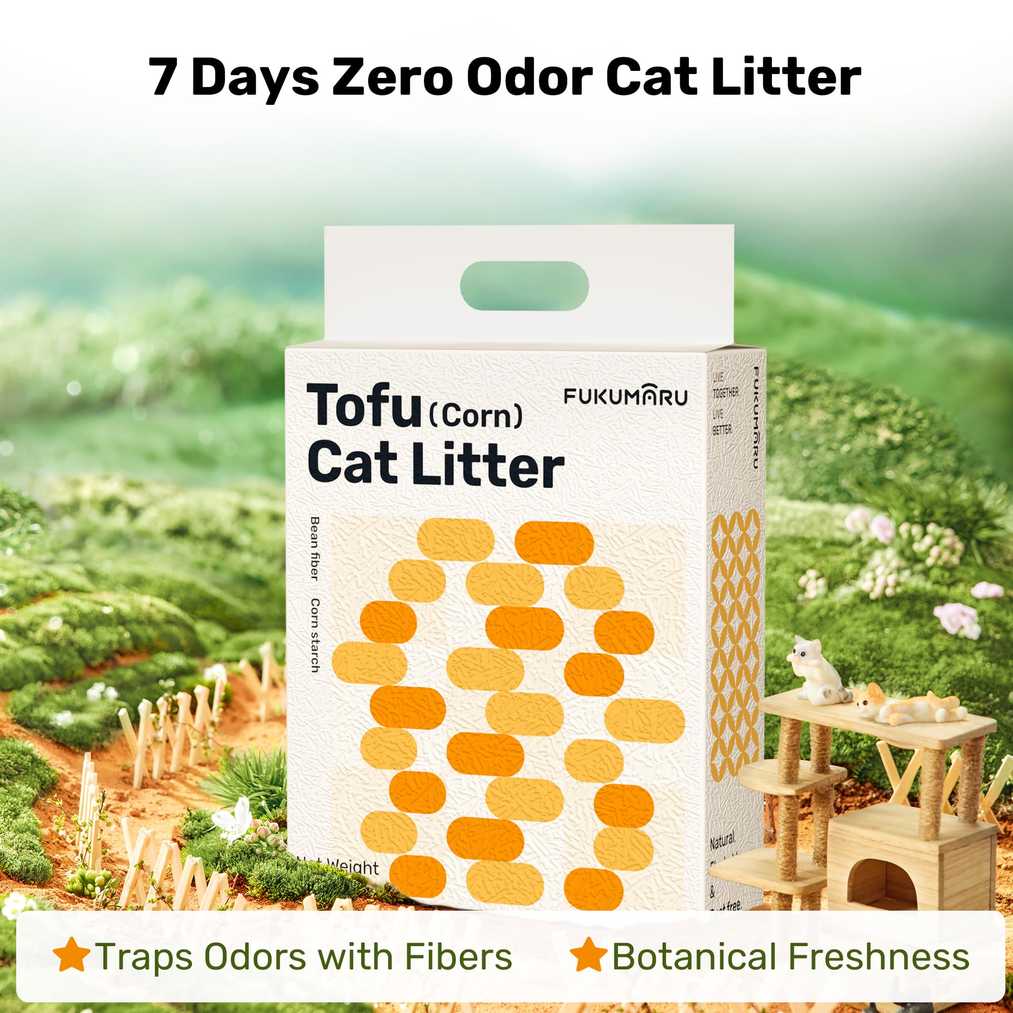 A scoop lifting clumps from FUKUMARU tofu litter highlighting strong clump integrity.