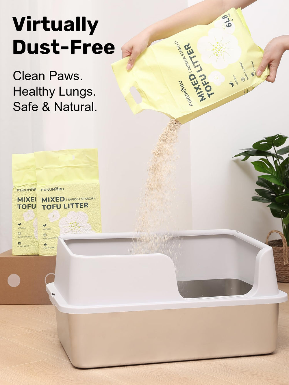 FUKUMARU plant-based formula image highlights biodegradable litter components.