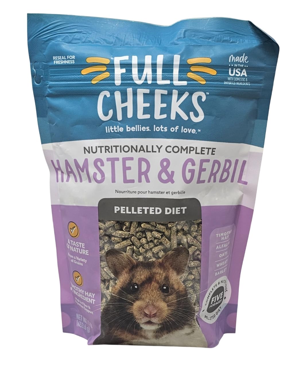 Full Cheeks hamster and gerbil pelleted diet bag for healthy digestion and convenient feeding.