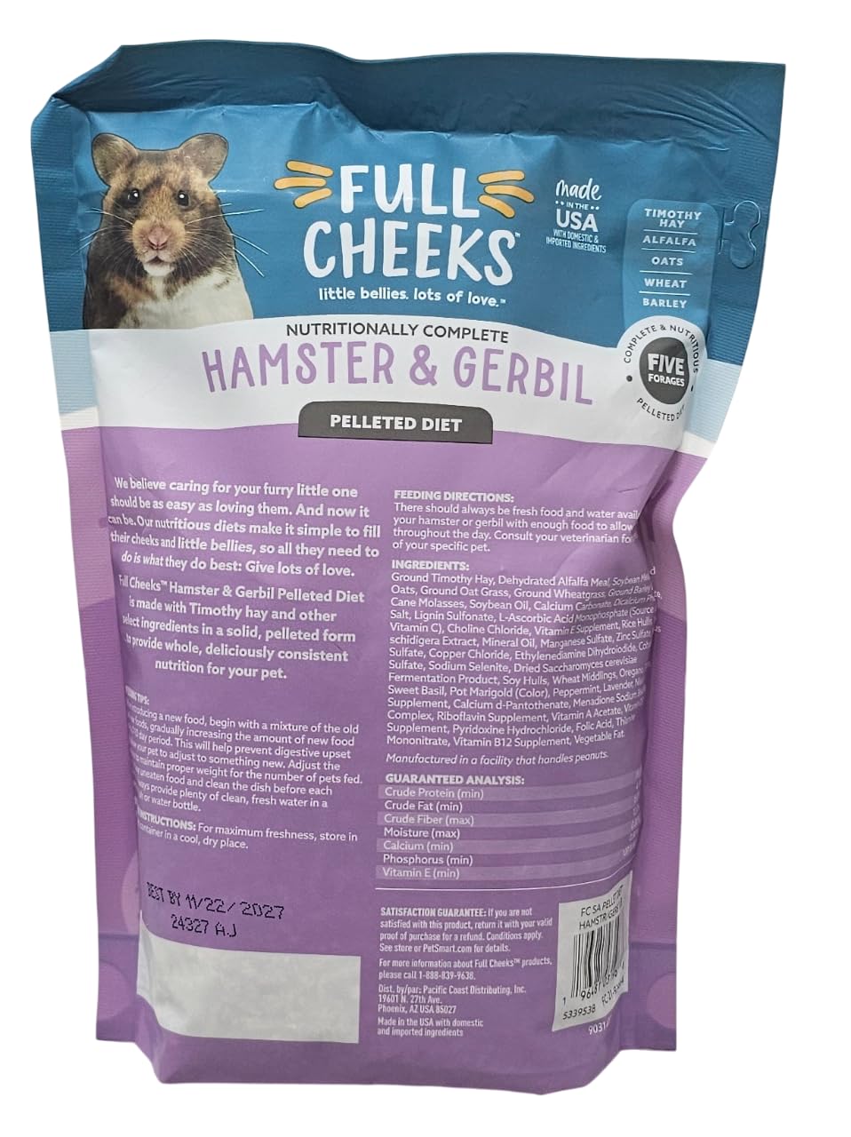 Full Cheeks Timothy hay as first ingredient promotes digestive health.