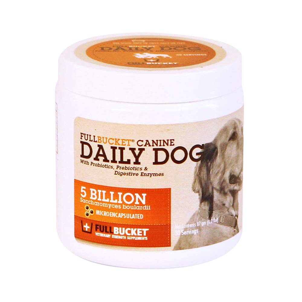 FullBucket Daily Dog Probiotic bottle with 30 servings for easy gut support.