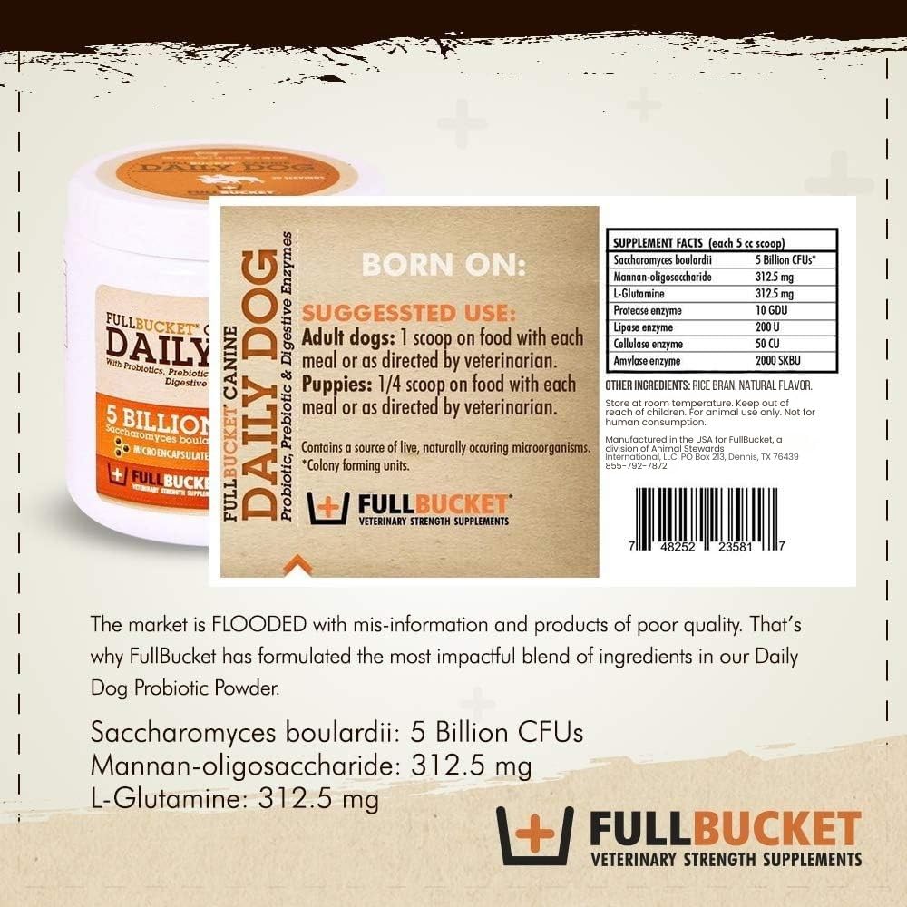 FullBucket vet-developed dog probiotic pack highlights expert design.