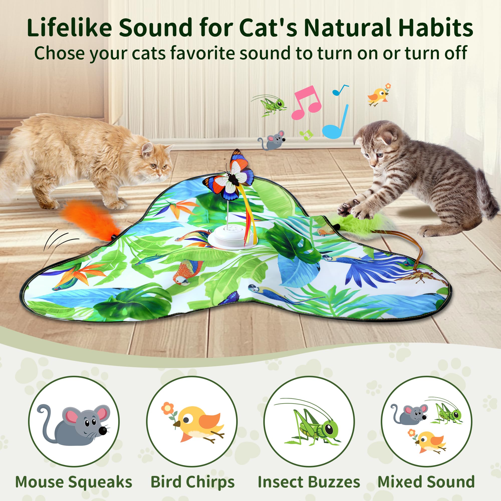 FULUPET cat toy butterfly rotation delivers 360° fluttering for exercise.