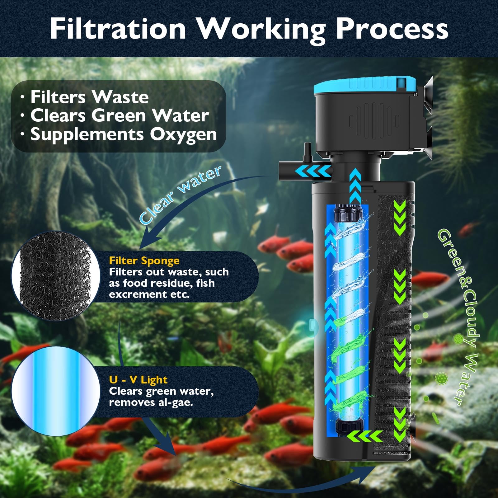FUMAK U-V light integrated in filter helping algae control.