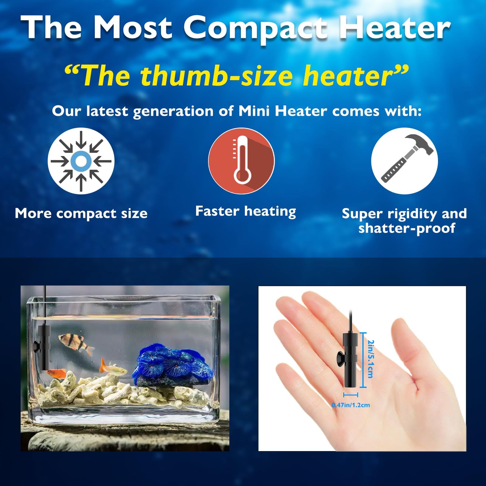 FUMAK Aquarium Heater USB 10W ceramic core for small tanks and energy efficiency