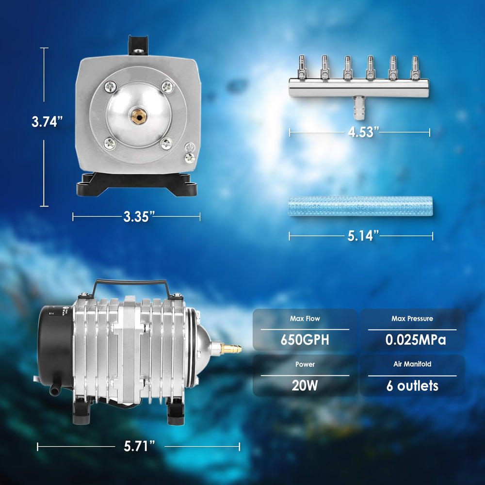 FUMAK aquarium-pump accessories include hose and 6-outlet manifold for quick setup